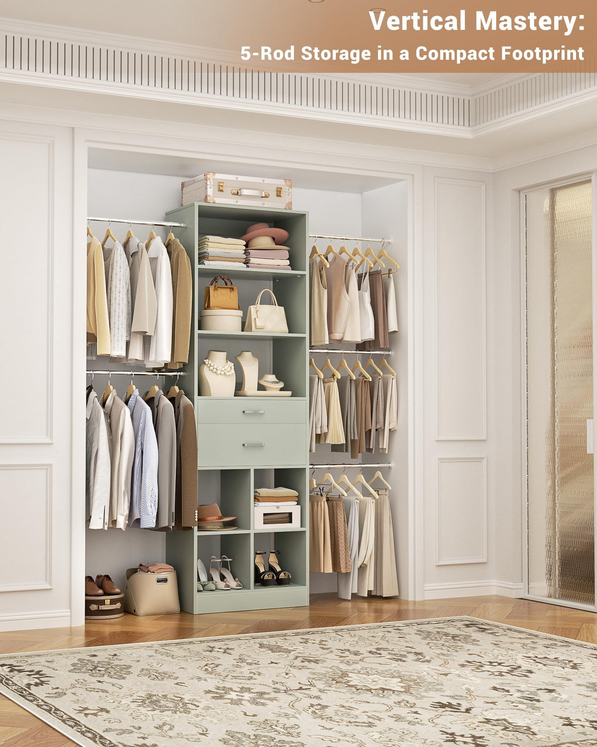 Small Closet System, 3.2-6.8FT Small Closet Organizer with 2 Wooden Drawers & 5 Hanging Rods, Can Fit 37.5 to 81.9