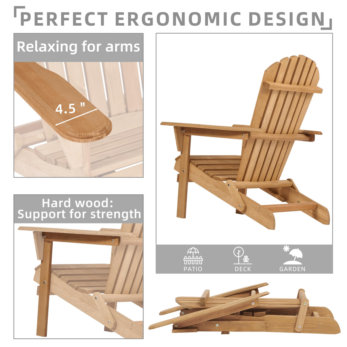 Outdoor Folding Adirondack Chair Set of 2, Wooden Patio Chairs, Light Brown