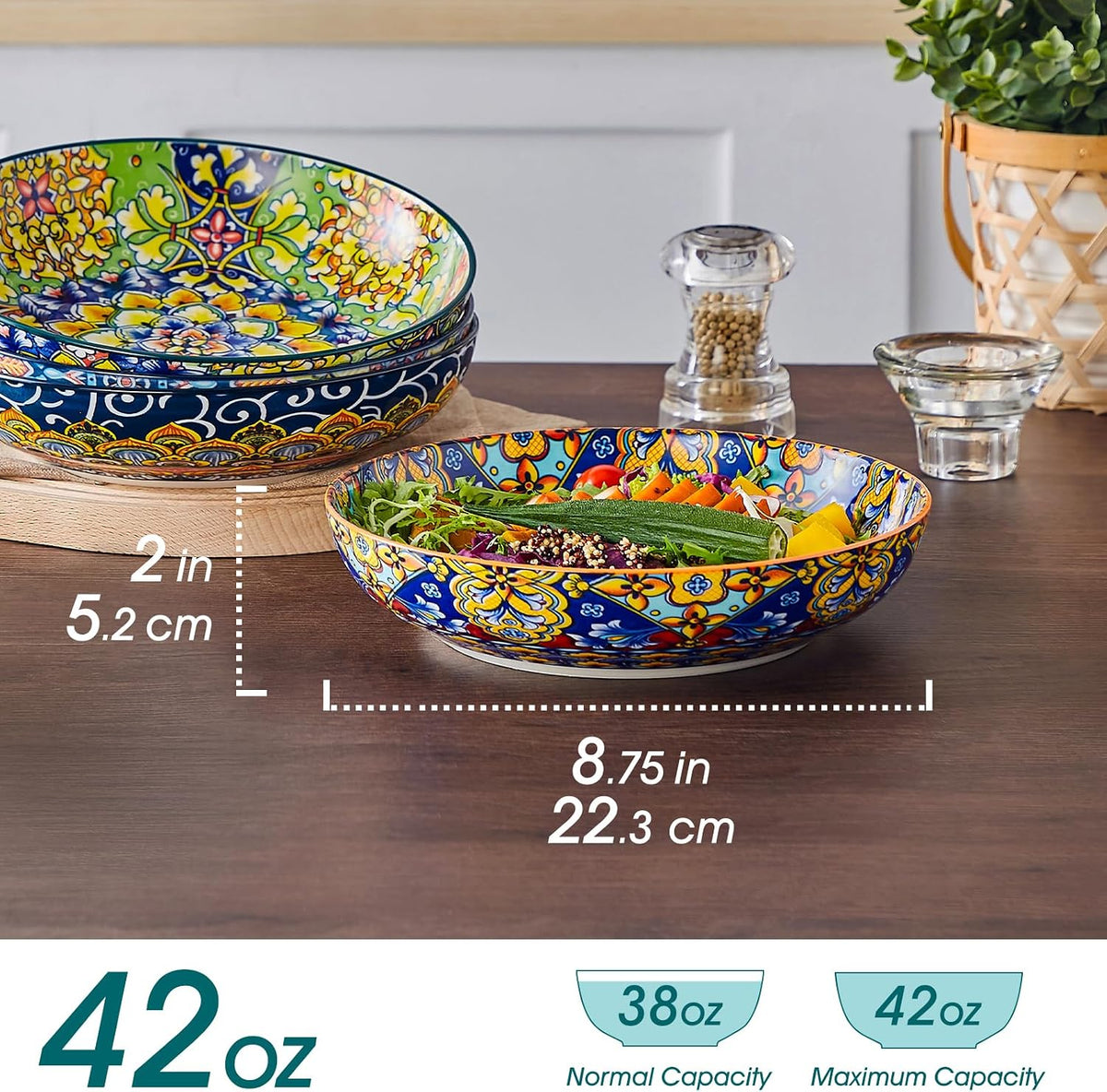 Pasta Bowls Set of 4, 42oz Ceramic Serving Bowls,Boho Pasta Plates | Large Shallow Bowls for Pasta, Salad, Soup, 42