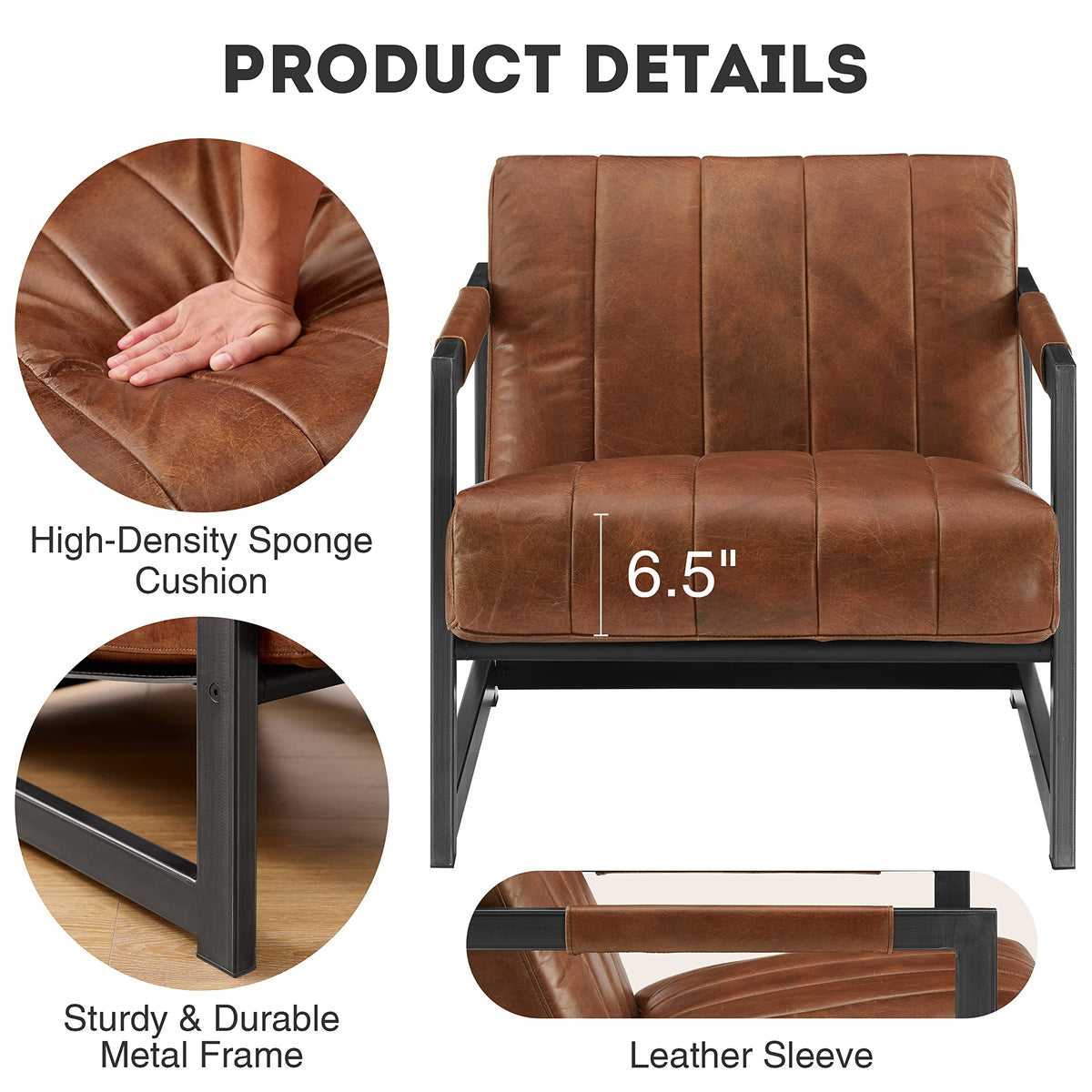 Genuine Leather Accent Chair, Set of 2, Mid Century Modern Arm Chairs, Living Room Sofa Chairs with Black Metal