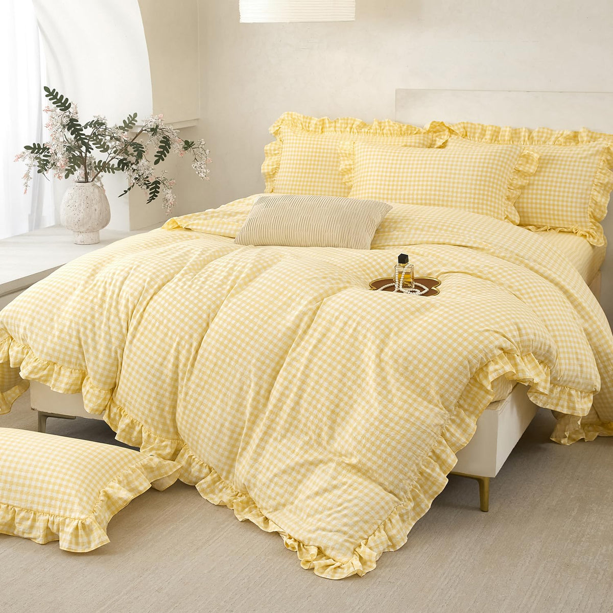 3 Pieces Yellow Plaid Gingham Ruffle Duvet Cover Set