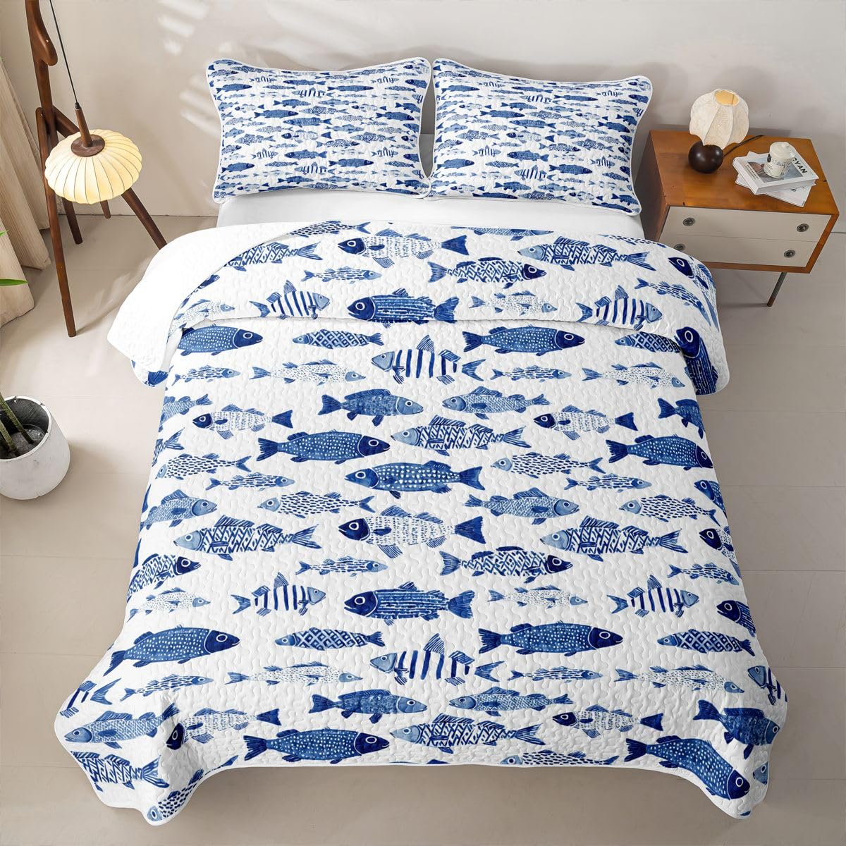Fish Coastal Quilt Set Marine Quilted Bedding 3 Pieces