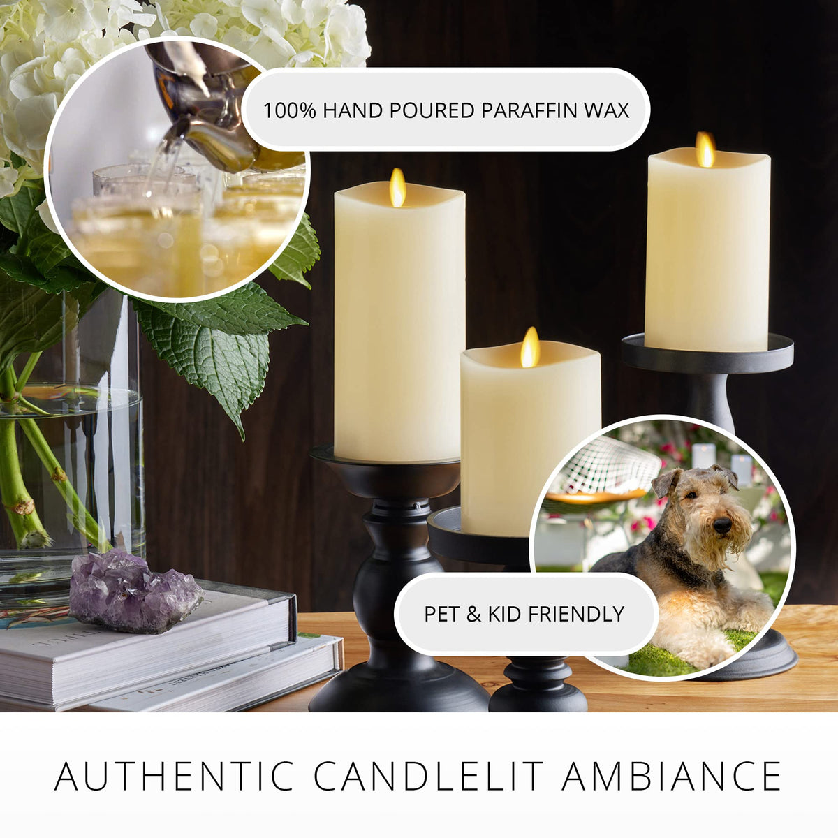 Realistic Flameless LED Set of 3 Ivory Pillar Candles, Home Safe Moving Flame Melted Top Illumination, Battery
