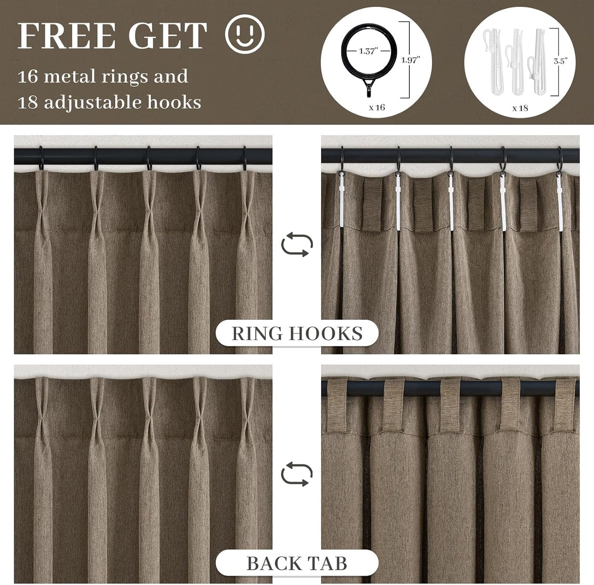 Thick Linen Pinch Pleated Sheer Curtains 84 Inches Long 2 Panels Set Bedroom,Dark Flax Drapes with Memory Trained - Set of 2