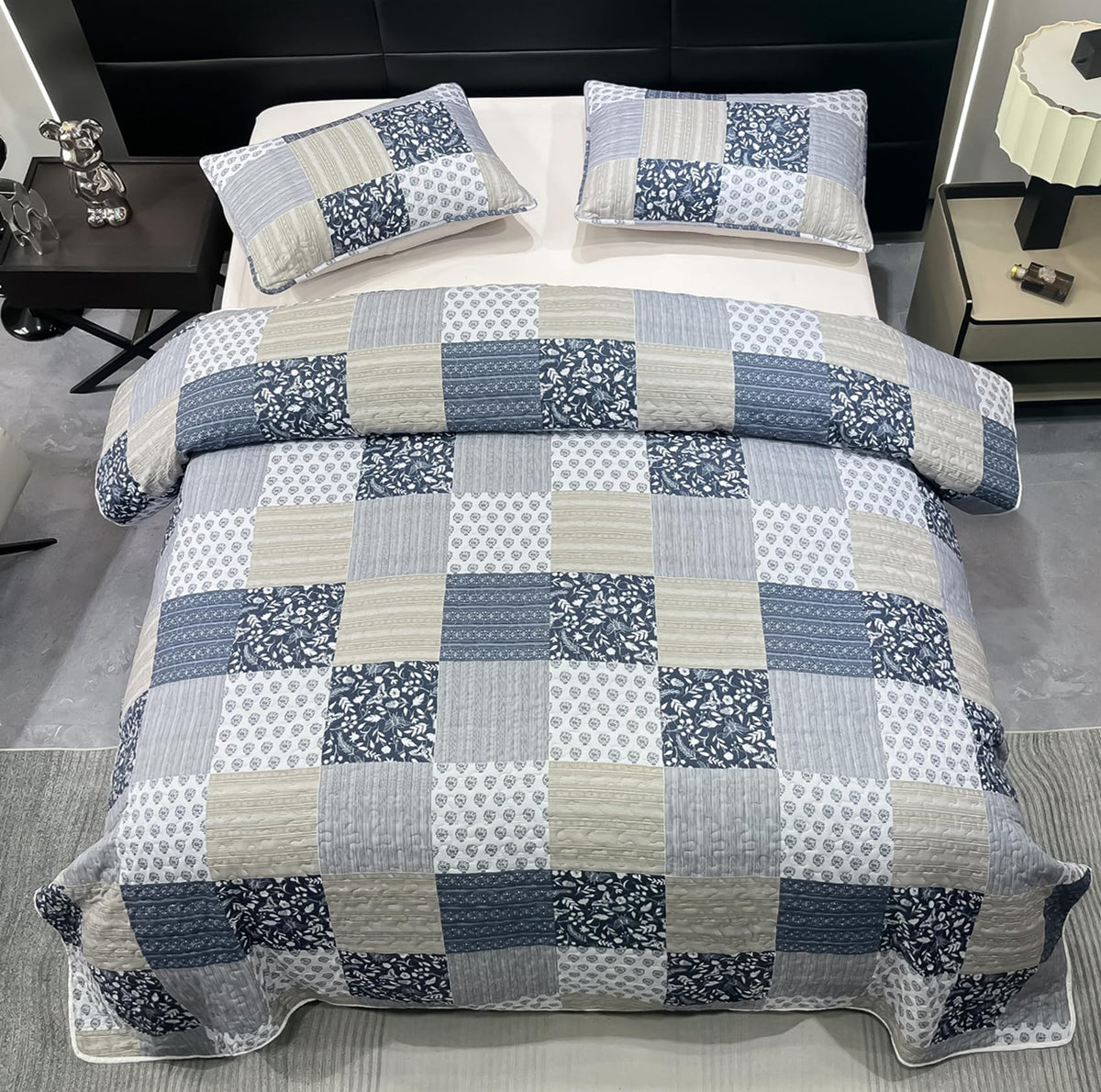 Navy Blue Gray Quilt Set 128x120, 3 Piece Quilted Bedspread Set Patchwork Plaid Bedding Comforter Set