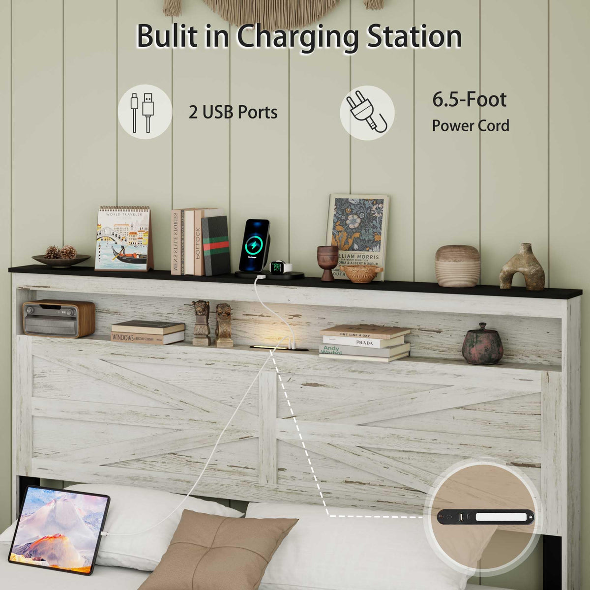 Wood Bed Frame with Storage Headboard, Farmhouse Platform Bed Frame with Charging