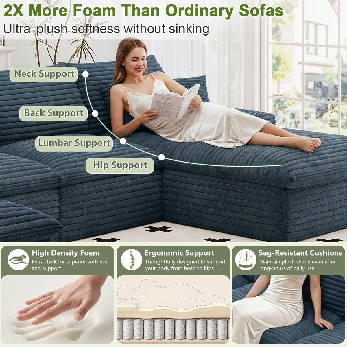 136" Cloud Sectional Couch with U-Shaped Chaise, Corduroy Viral Boneless Sofa with Ottoman, Memory Foam Couches in a
