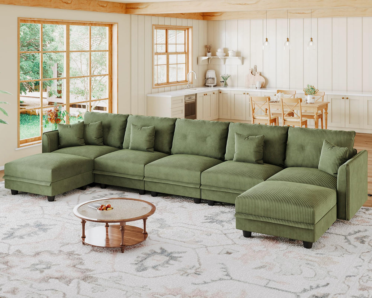 Sectional Sofa Modular Cloud Couch with 7 Storage Seats & 5 Throw Pillows, Corduroy U Shaped Couches, Rearrangable