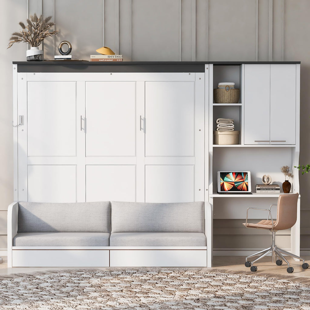 Queen Murphy Bed with Sofa & Desk White