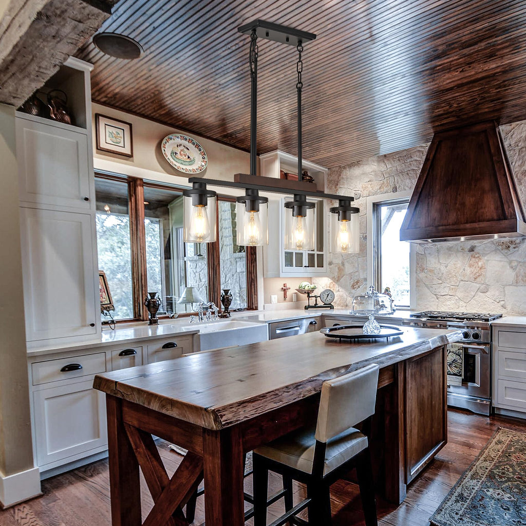 Wood Kitchen Island Lighting,4-Light Farmhouse Dining Room Light Fixture Matte Black Modern Chandeliers Over Table