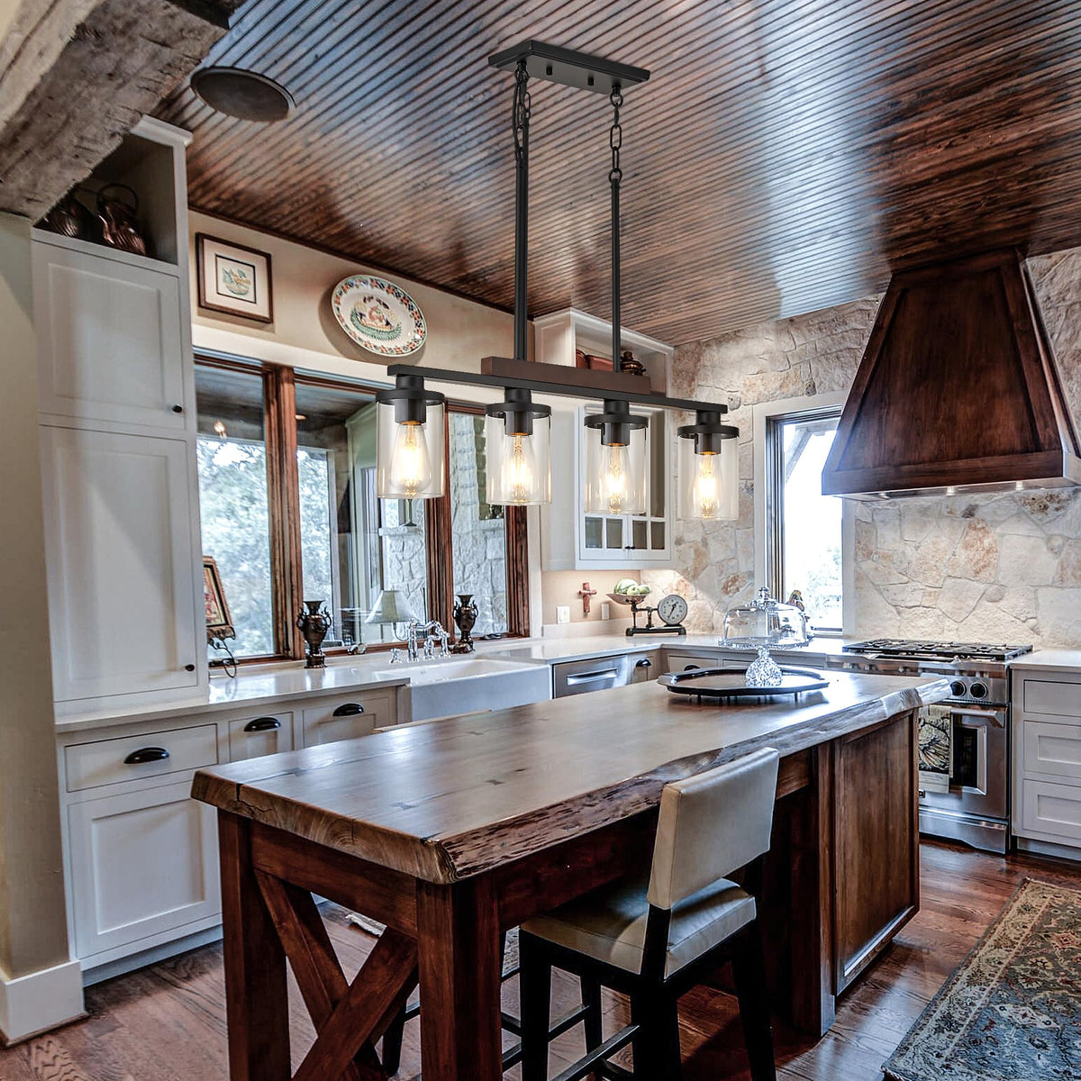 Wood Kitchen Island Lighting,4-Light Farmhouse Dining Room Light Fixture Matte Black Modern Chandeliers Over Table