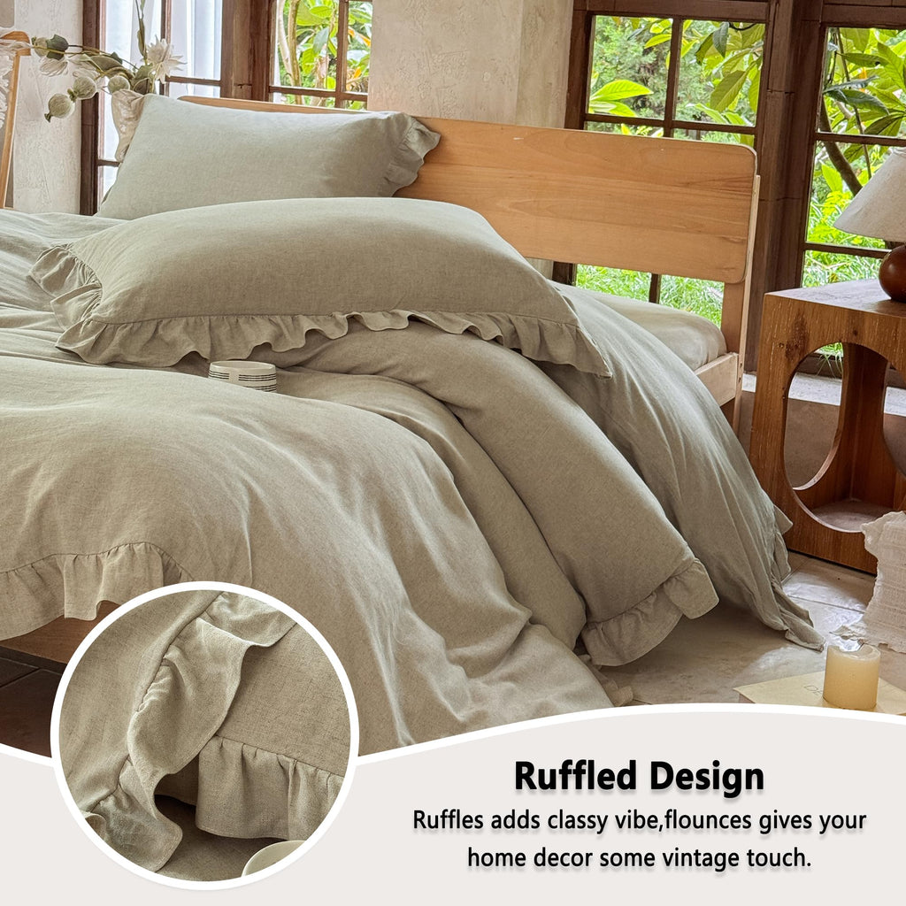 100% French Flax Linen Ruffled Duvet Cover Set, Linen