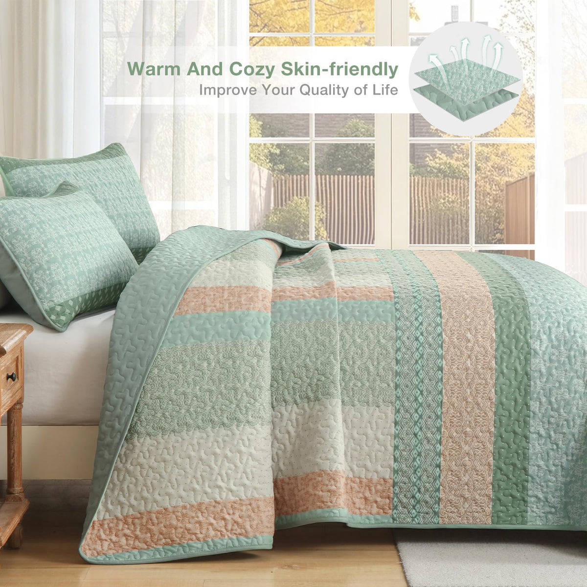Quilt Set, Boho Stripe Bedspread, Vintage Green