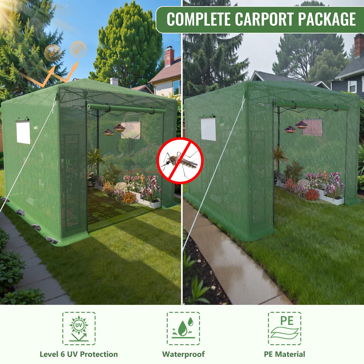 10x10 FT Pop Up Greenhouse for Outdoors, Walk-in Greenhouse with PE Cover