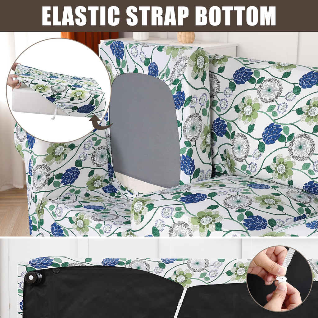 Stretch Sofa Cover Printed Couch Cover, Floral Pattern 4 Pieces Sofa Slipcover with 3 Separate Cushion Cover