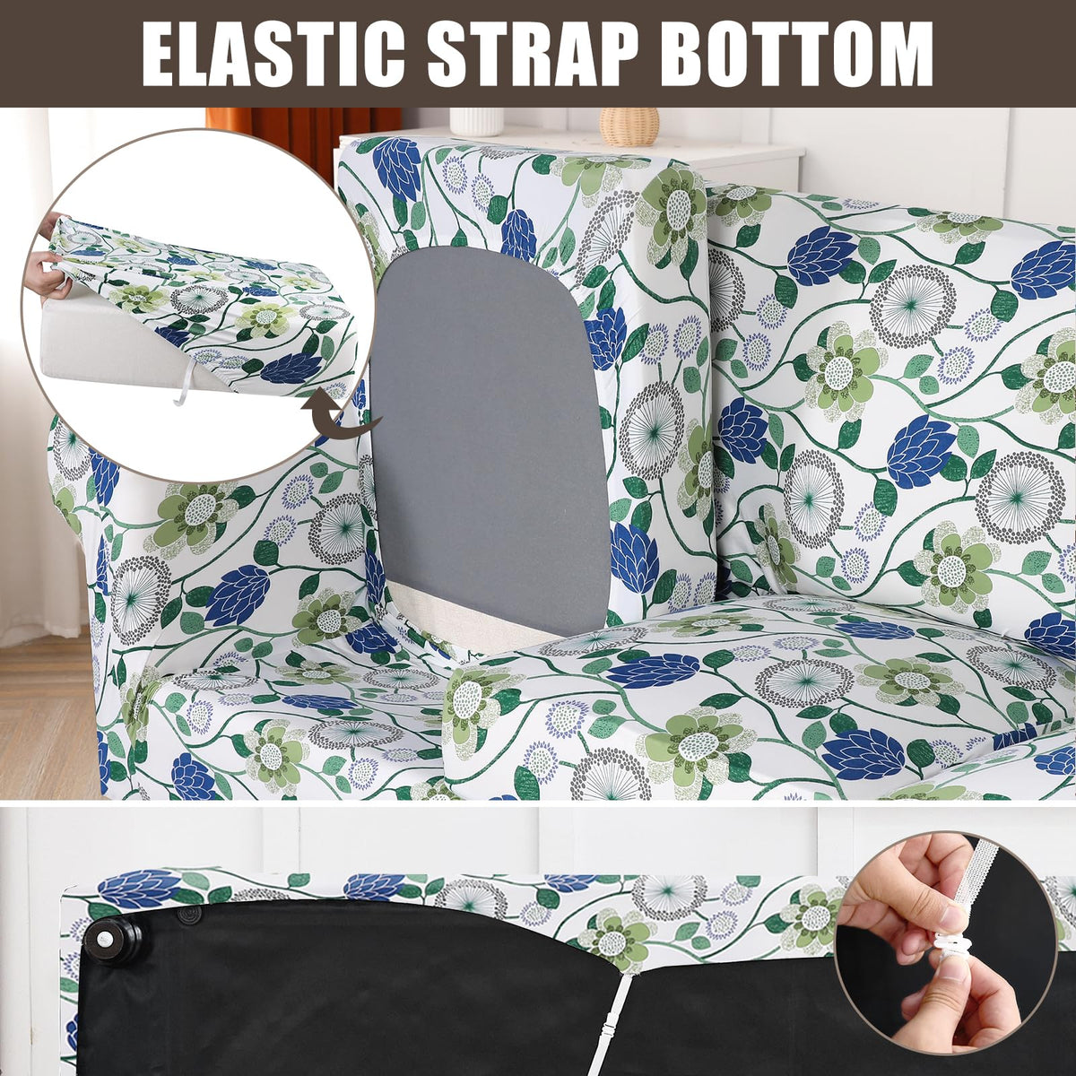Stretch Sofa Cover Printed Couch Cover, Floral Pattern 4 Pieces Sofa Slipcover with 3 Separate Cushion Cover