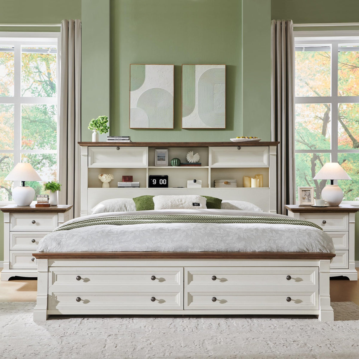 Farmhouse Bed Frame with 2 Drawers & 4 Bookcases On The Headboard