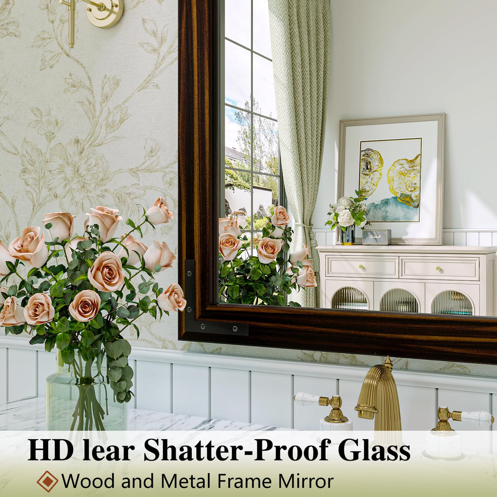 Farmhouse Bathroom Mirror, 24"x30" Black Brown Rustic Mirrors