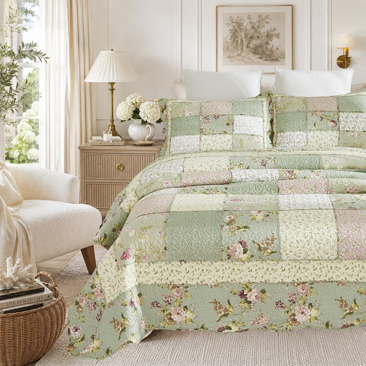 Quilt Set Cotton Patchwork Quilts Green Rose Floral Quilted Comforter Set Country Rustic Coverlet Set