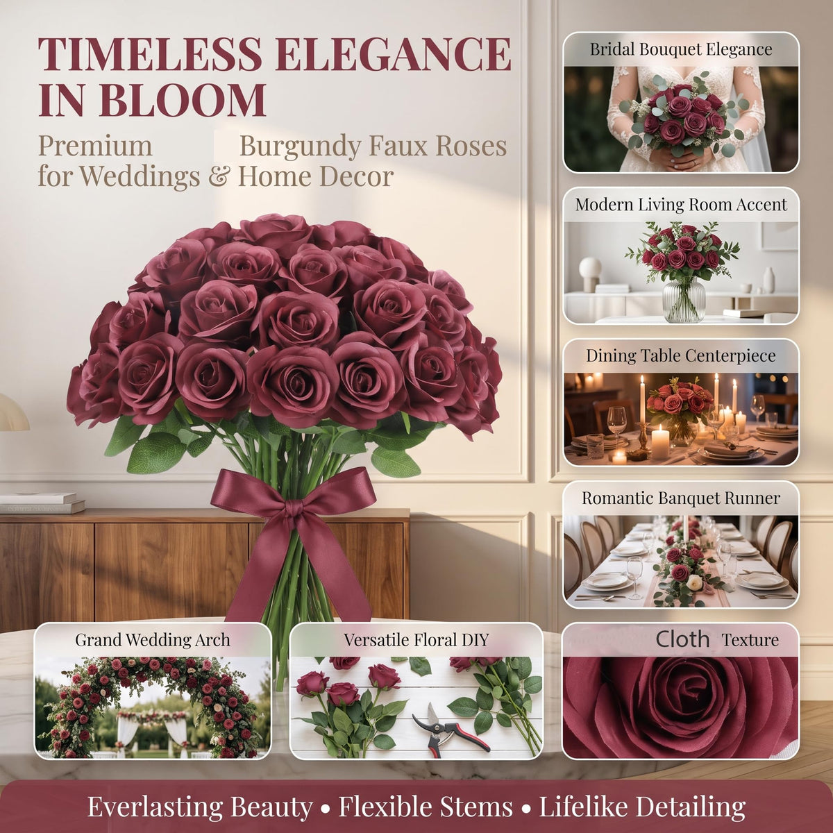 30pcs Burgundy Flowers Fake Roses Artificial Flowers Faux Roses