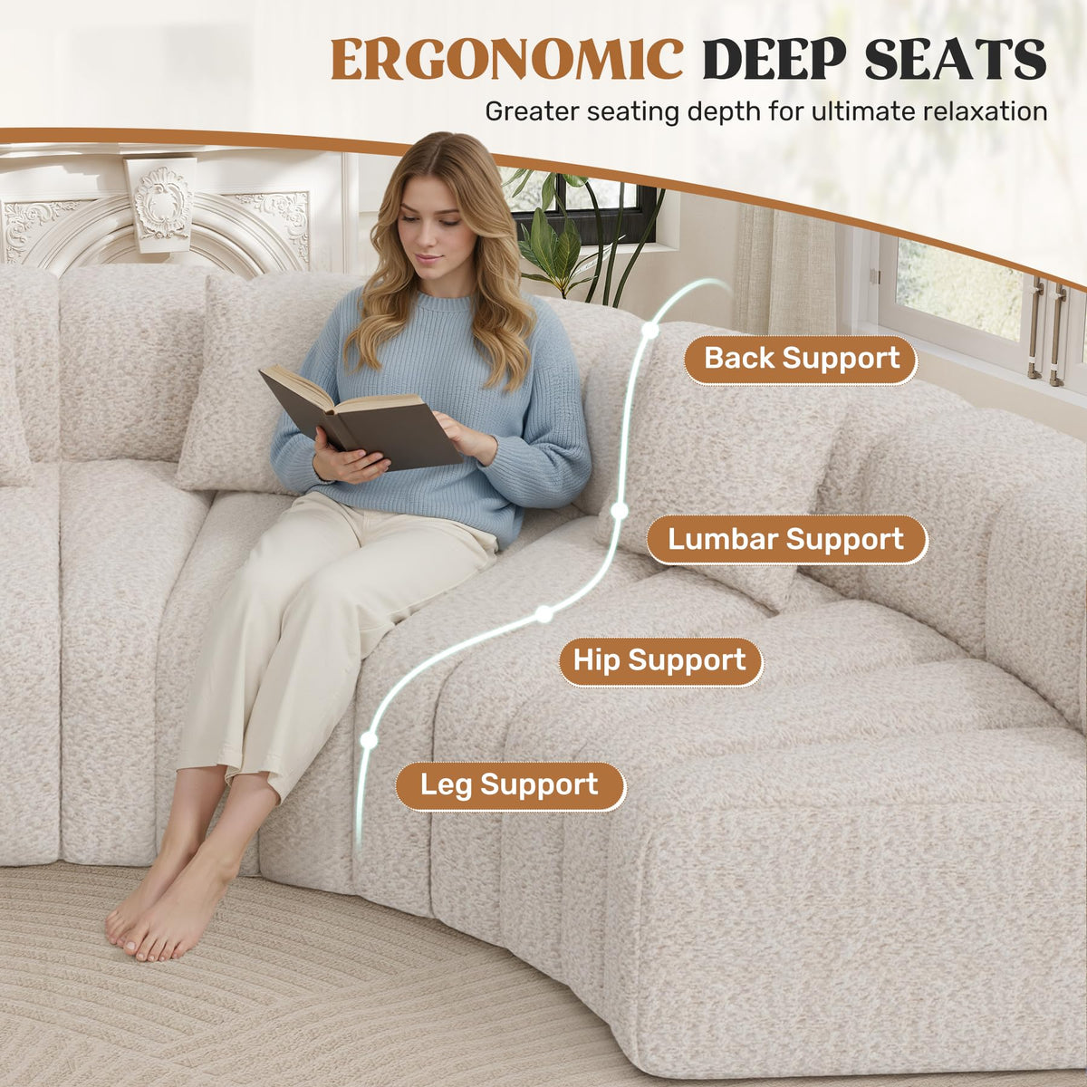 Oversized Curved Cloud Couch, 8 Seater Modern Round Modular Sectional Sofa, Convertible Boneless Couches, No