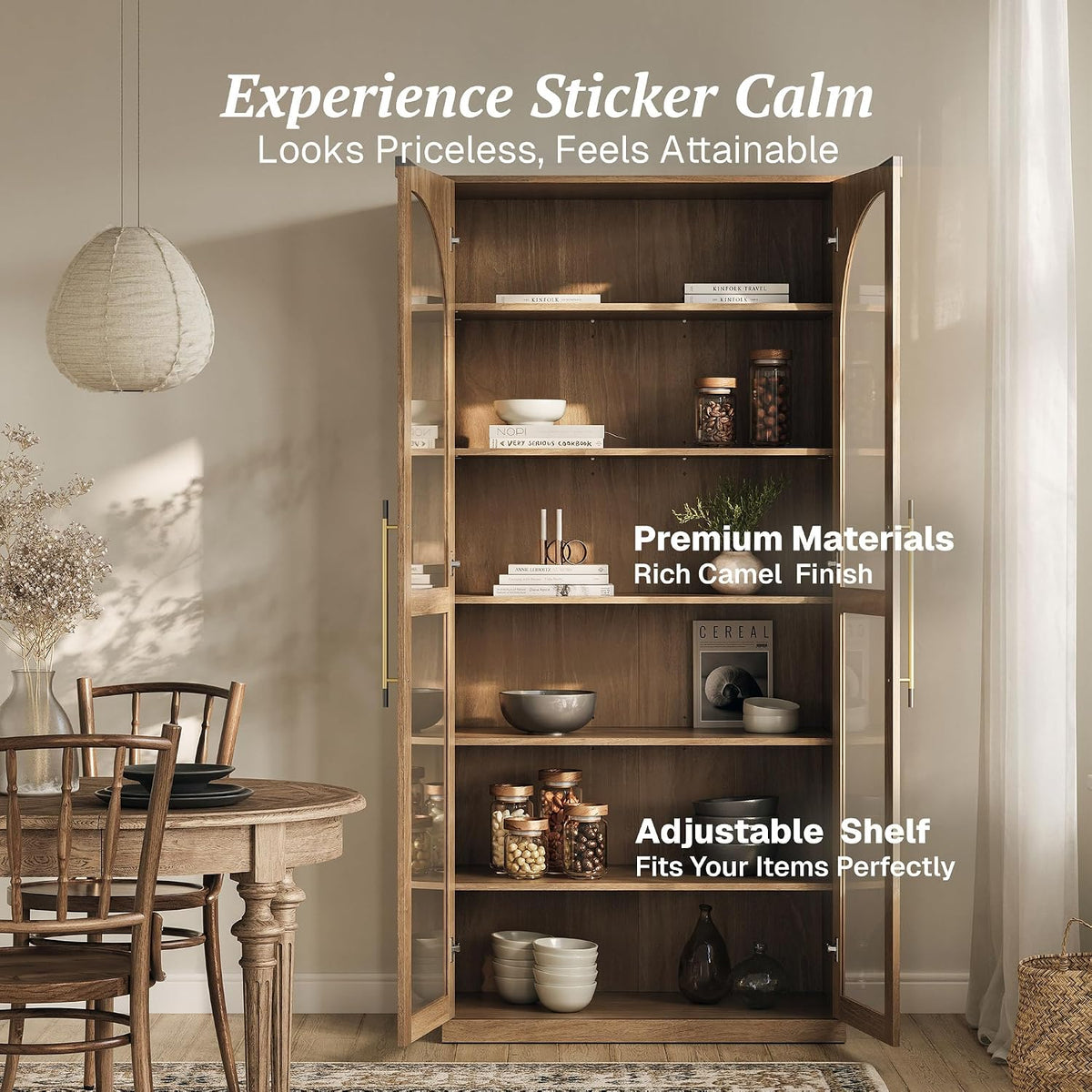 67" Jagger Glass Display Cabinet - Camel | 6-Tier,Wood Curio Cabinet,Adjustable Shelf,Trophy Showcase,Modern,Living