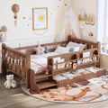 Floor Bed with Storage Bookcase and Drawers, Solid Wood Platform Bed with Guardrails, Cute Stair Design, Low