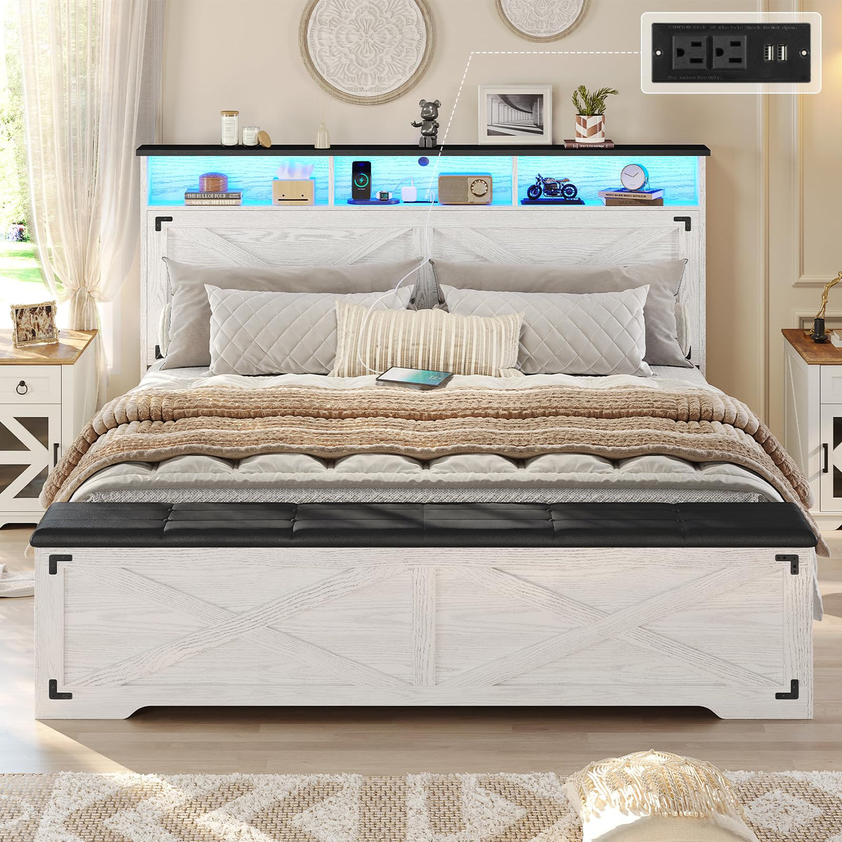 Bed Frame with Storage Ottoman, Farmhouse Bed Frame with Charging Station and Led Light, Headboard with