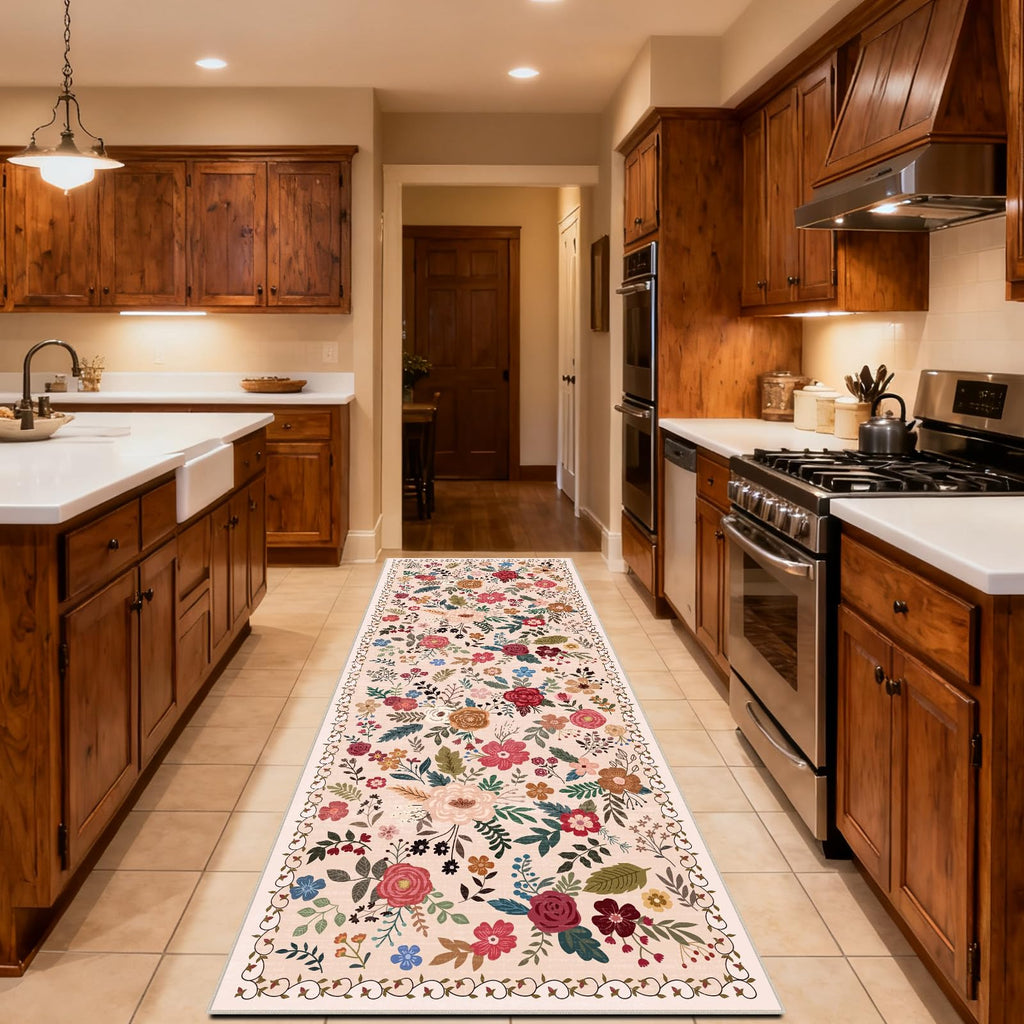 Washable Beige Red Runners s, Non Slip Long Floor Runner Indoor, Stain Resistant Rubber Backing Floral