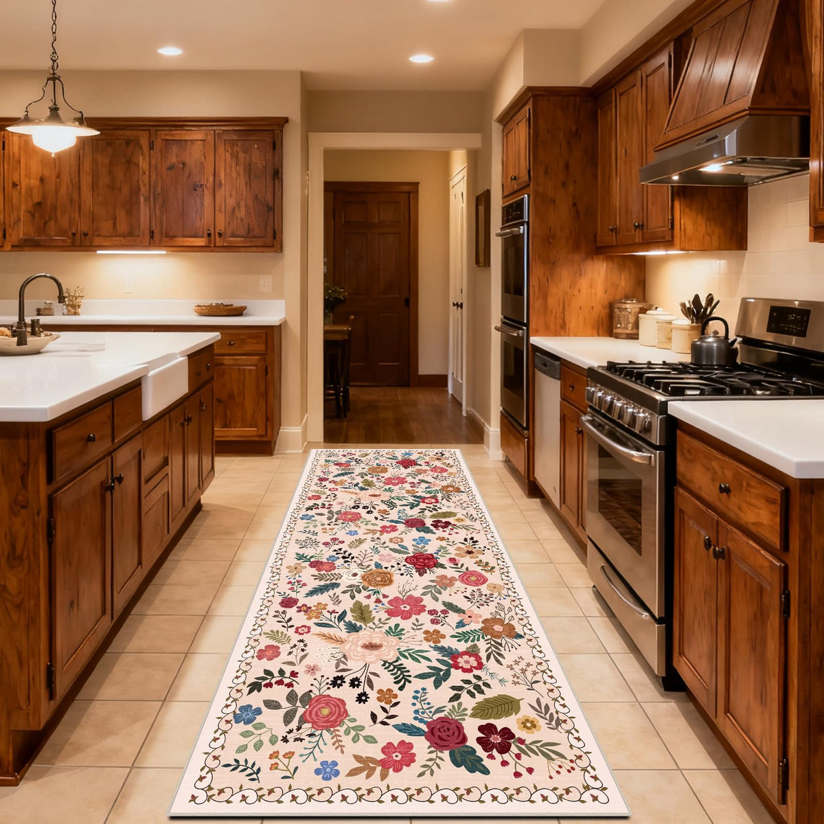 Washable Beige Red Runners s, Non Slip Long Floor Runner Indoor, Stain Resistant Rubber Backing Floral