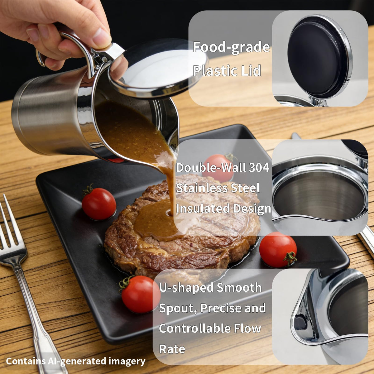 25 Oz Stainless Steel Thermal Gravy Boat with Lid