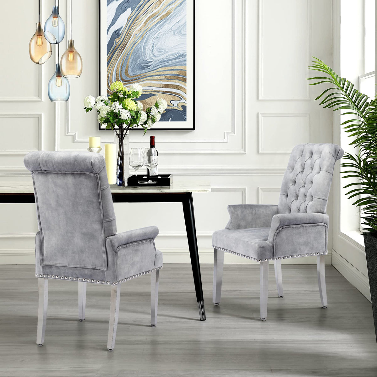 Velvet Dining Chairs Set of 2, Dining Chairs with Arms, Grey