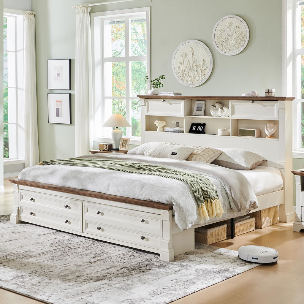 Farmhouse Bed Frame with 2 Drawers & 4 Bookcases On The Headboard