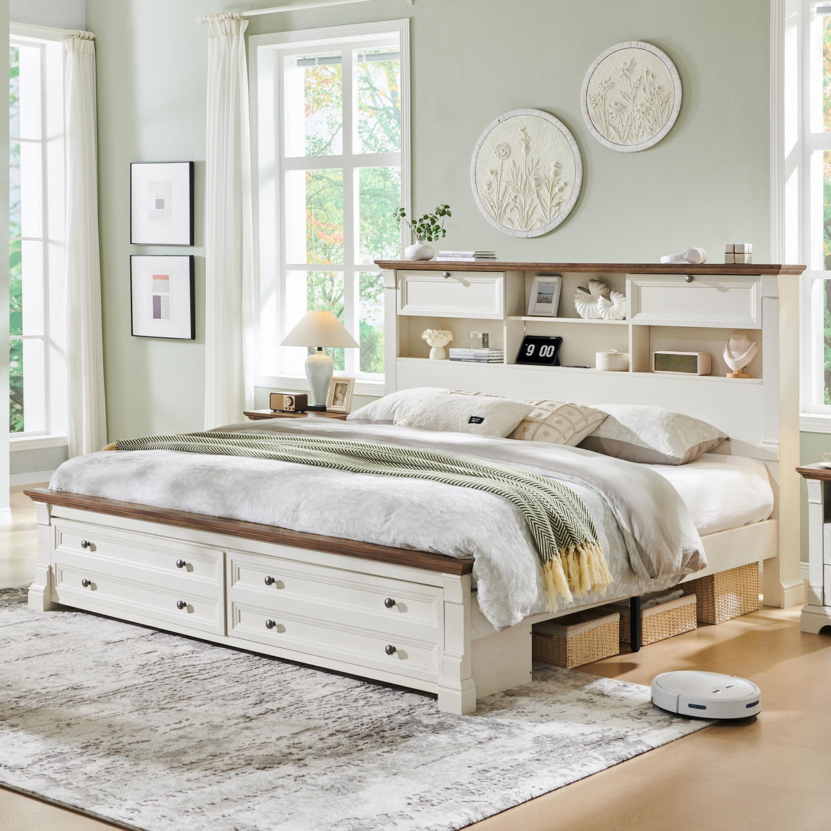Farmhouse Bed Frame with 2 Drawers & 4 Bookcases On The Headboard