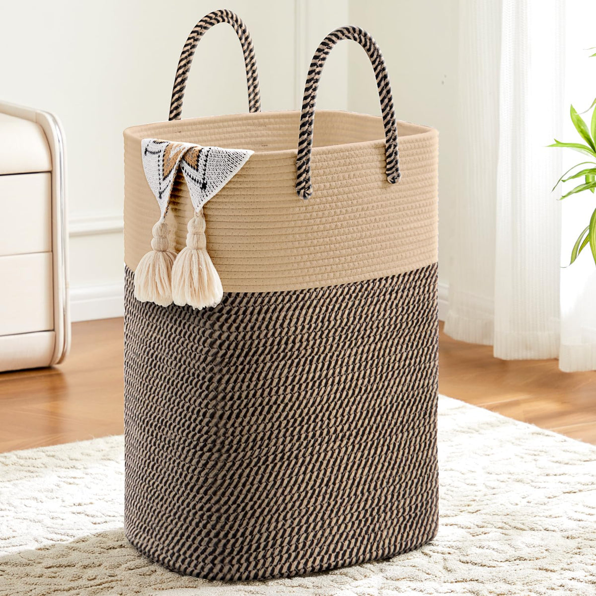 Basket,Woven Cotton Rope Laundry Hamper,Versatile Storage for Dirty Clothes,Baby Toys,and Blankets ,and Living Room