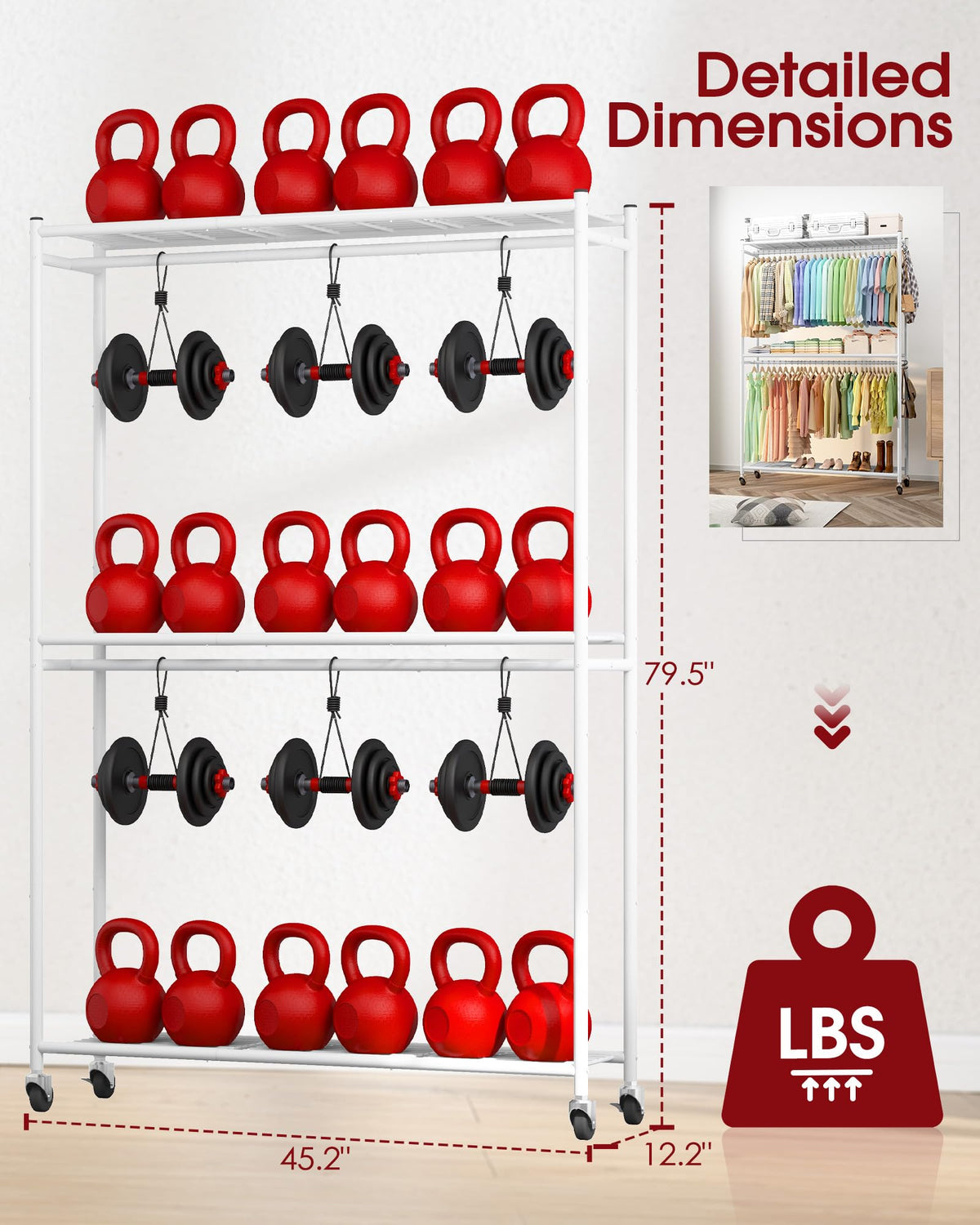 Clothes Rack - 45.2" x 12.2" x 79.5" Clothing Rack with Shelves & Wheels, Multi-Functional Wardrobe Closet with