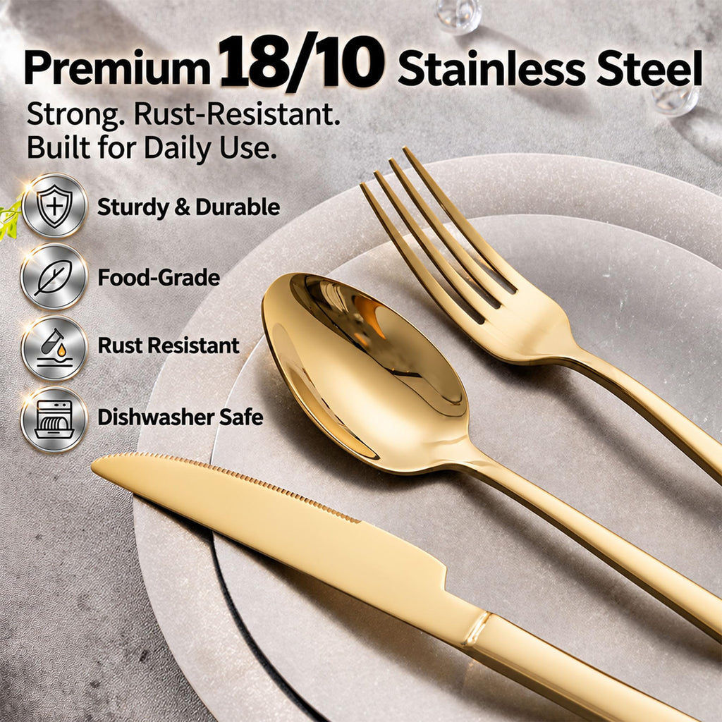 Gold Silverware Set for 4, 20-Piece 18/10 Stainless Steel Flatware