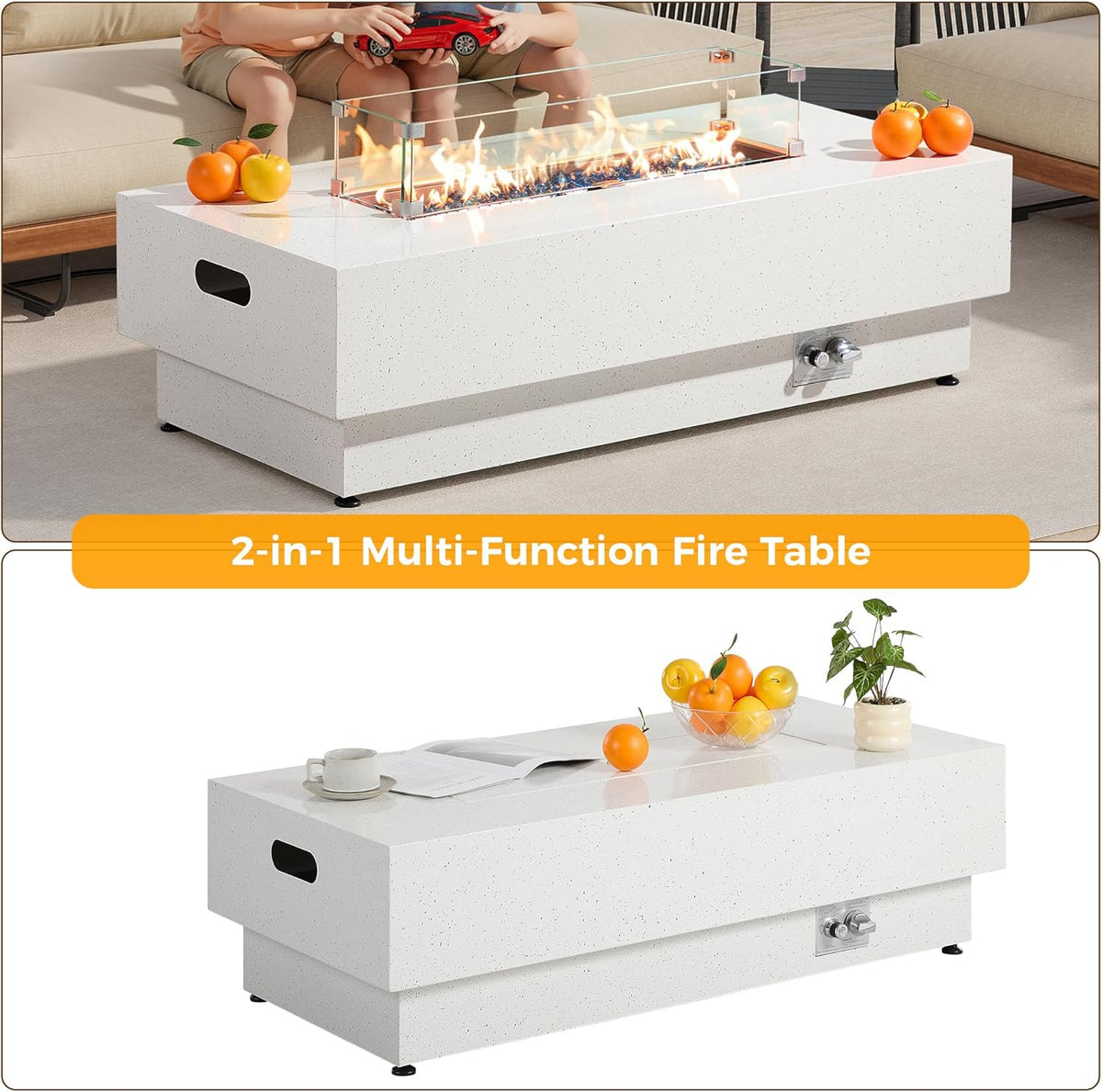 50-Inch Outdoor Propane Fire Pit Table w Tank Table, CSA Certified, Rectangular Patio Fire Pit w Glass Rocks, Wind Guard and Cover, 58000 BTU 2 in 1