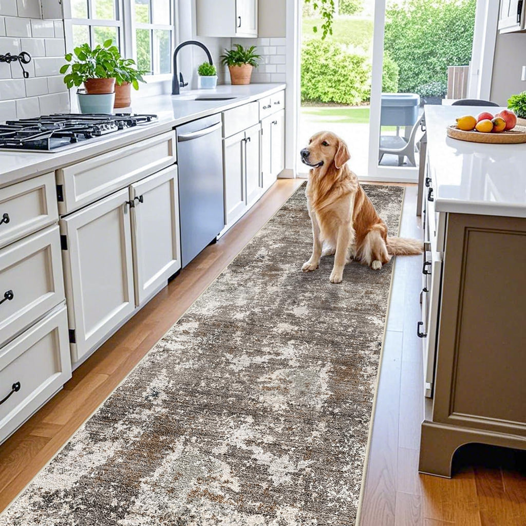 3x12 ft Long Hallway Runner Rug - Non-Slip Washable Carpet Runners Entryway Bathroom Modern Abstract Neutral Low-Pile