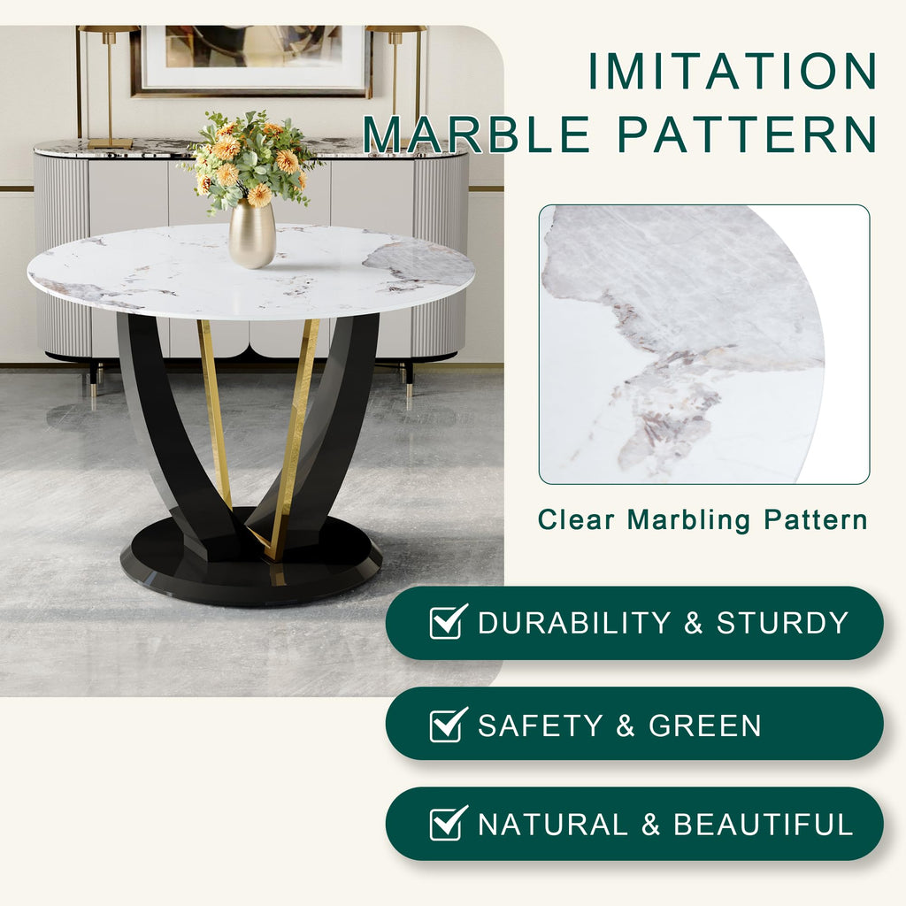 Inspired Saarinen Style 42 Inch Round Faux Marble Dining Table for 4, Modern Small Kitchen Table with Black Pedestal Base, Space Saving