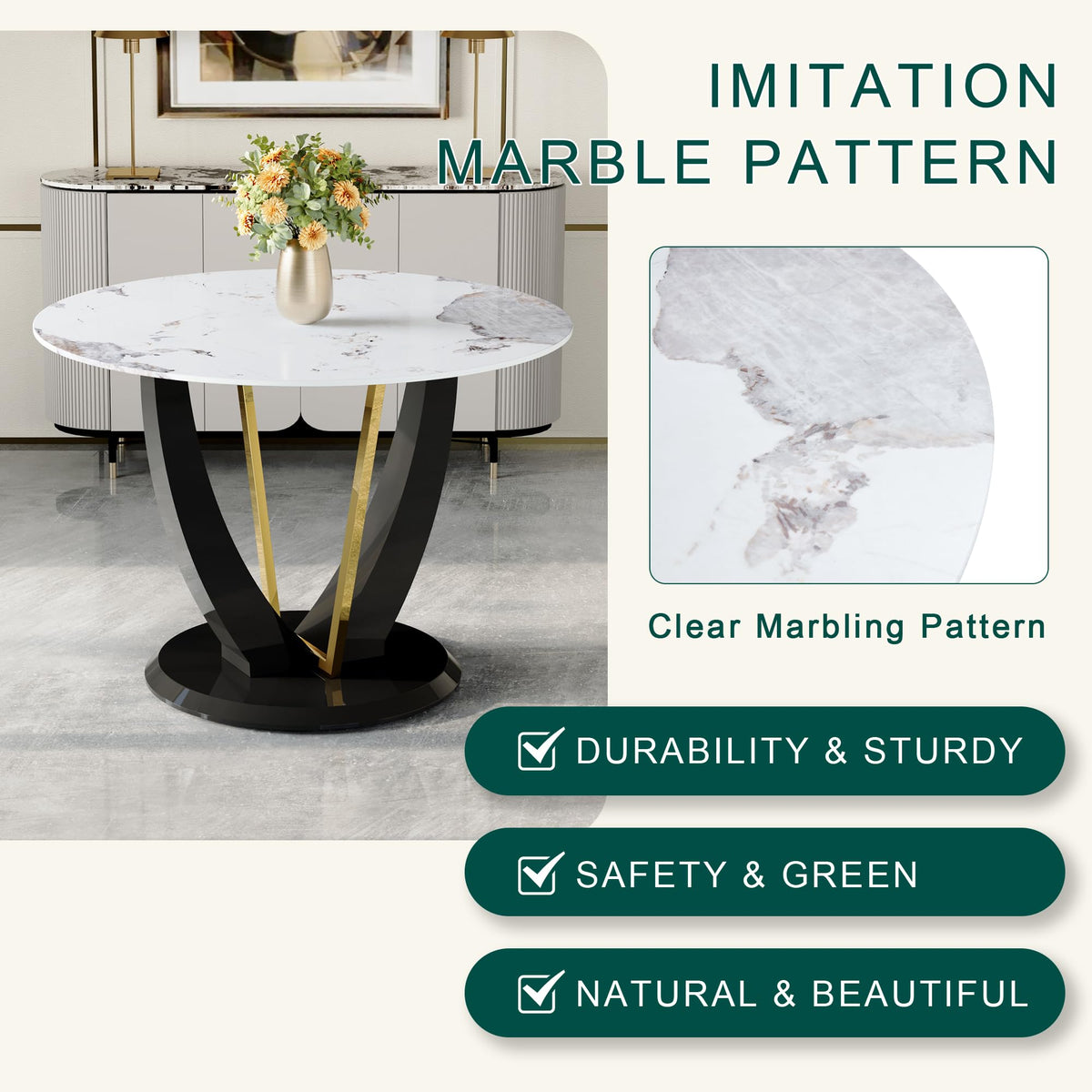 Inspired Saarinen Style 42 Inch Round Faux Marble Dining Table for 4, Modern Small Kitchen Table with Black Pedestal Base, Space Saving