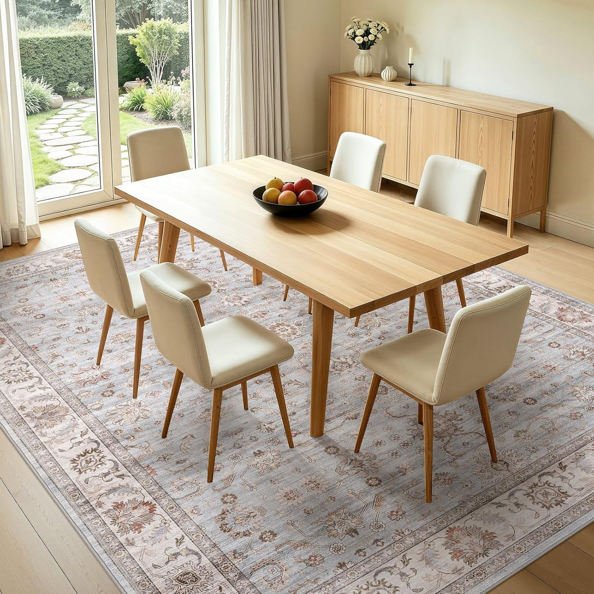 Washable Area Rug Non-Slip Floral Carpet, Gray/Light Blue