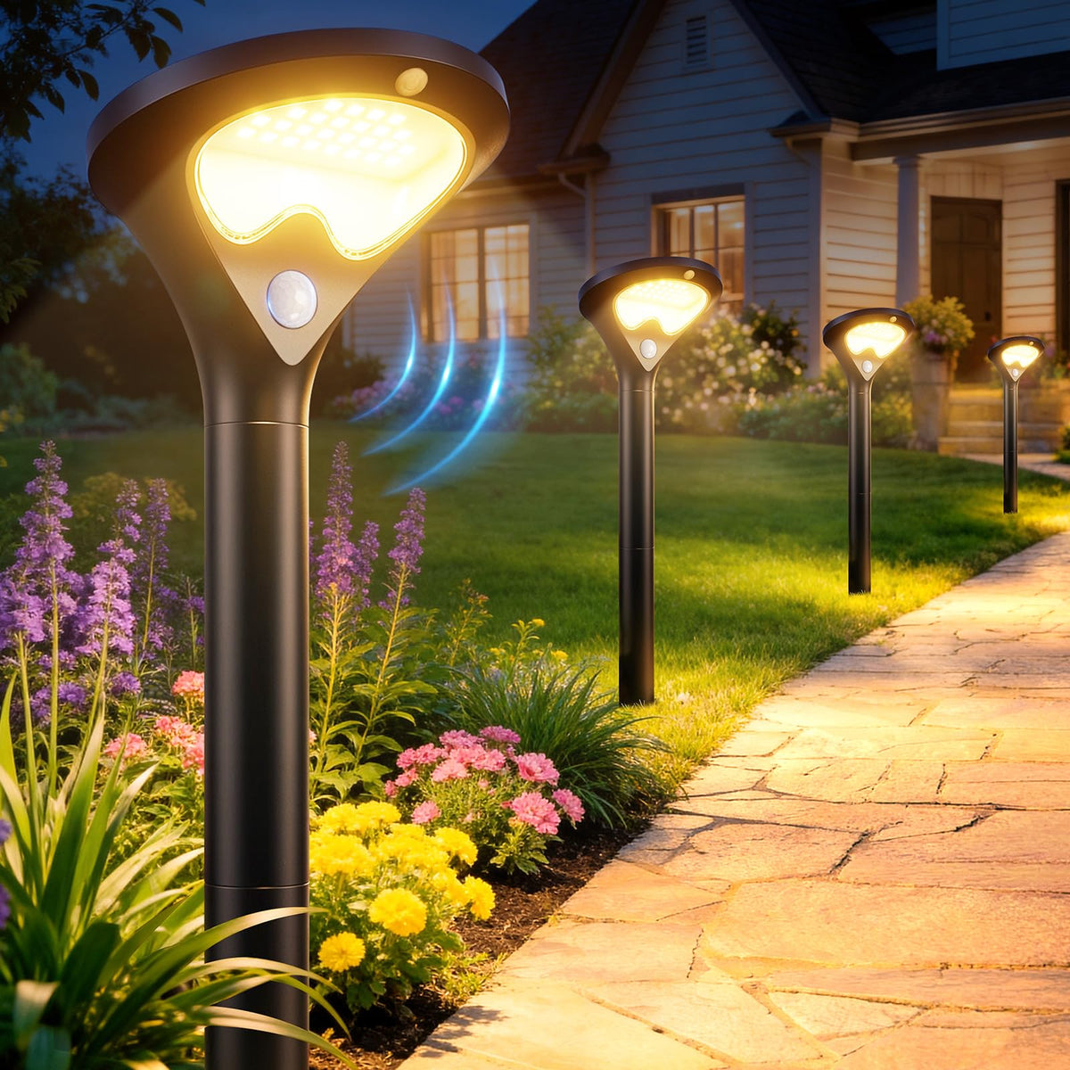 Solar Pathway Lights Outdoor with Motion Sensor, 6 Pack Security Solar Garden Lights, Bright LEDs, Larger Glass