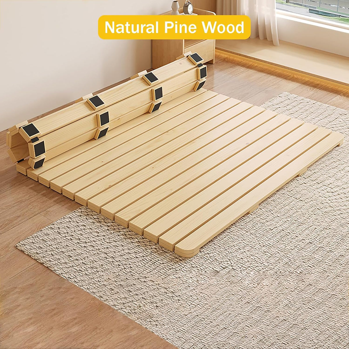 Folding Bed Frame, Natural Solid Wood, Japanese Platform Bed with Roll-Up Slatted Design, 79" L x 39.4" W, Durable