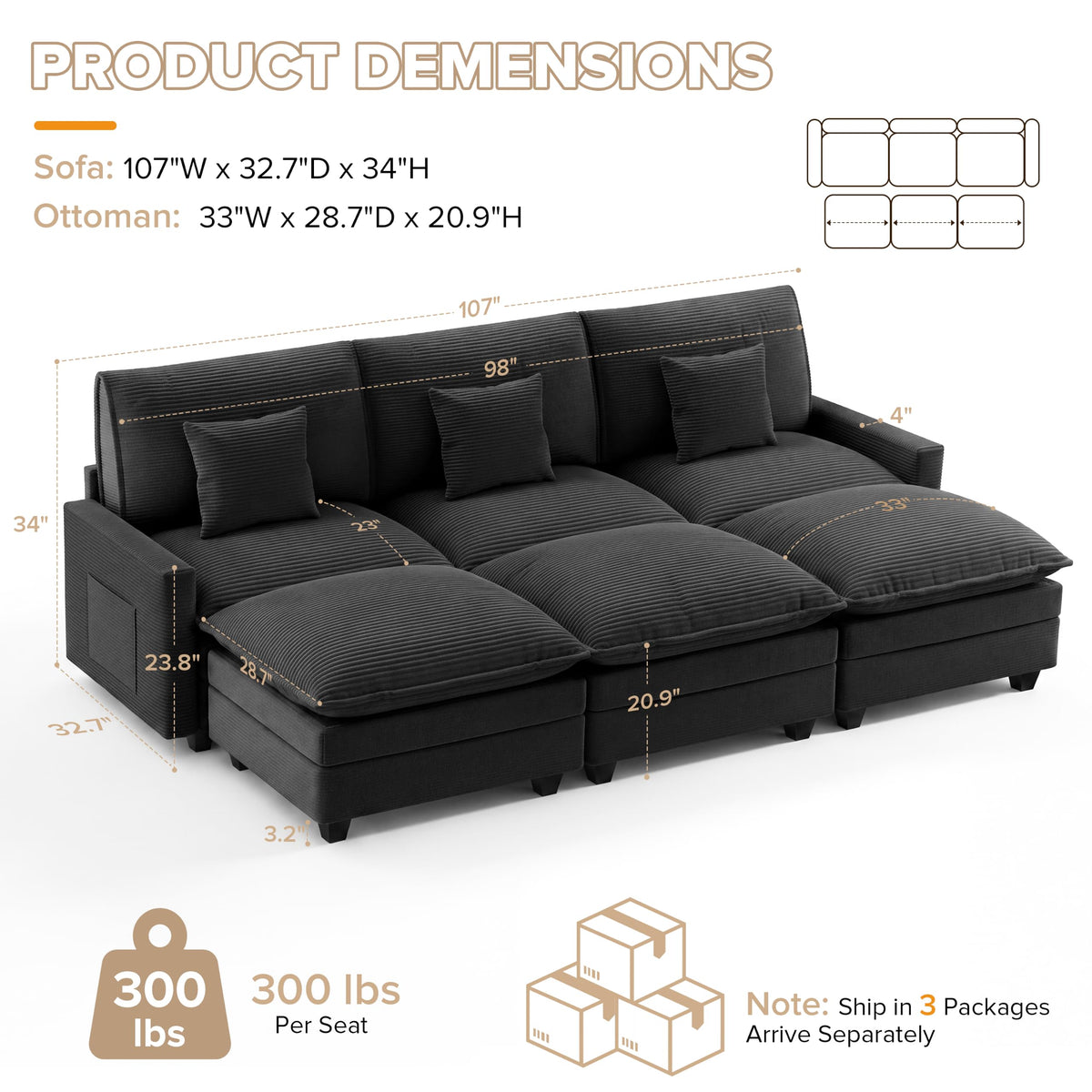 Modular Sectional Sofa with 3 Movable Ottomans, 107" Cloud Couch Sectional