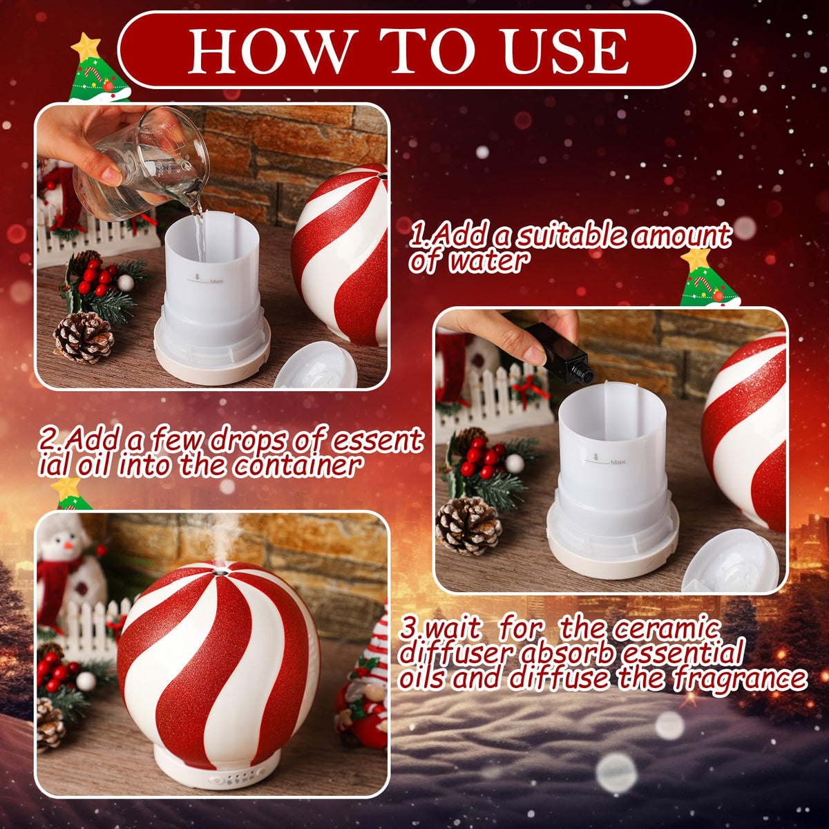 Christmas Essential Oil Diffuser, 120ml Candy Cane Diffuser