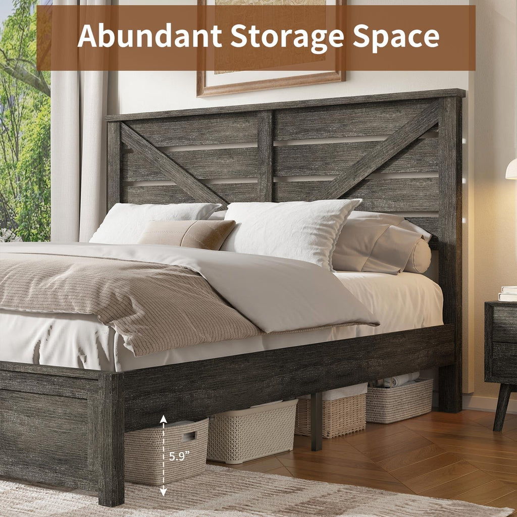 Farmhouse Wooden Bed Frame with 49.2" Headboard, Grey