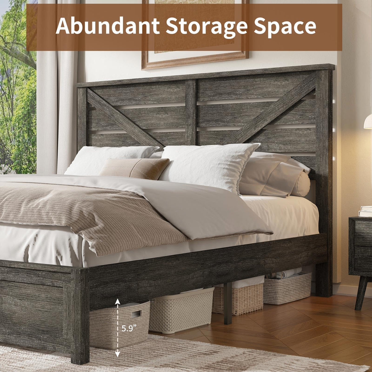 Farmhouse Wooden Bed Frame with 49.2" Headboard, Grey