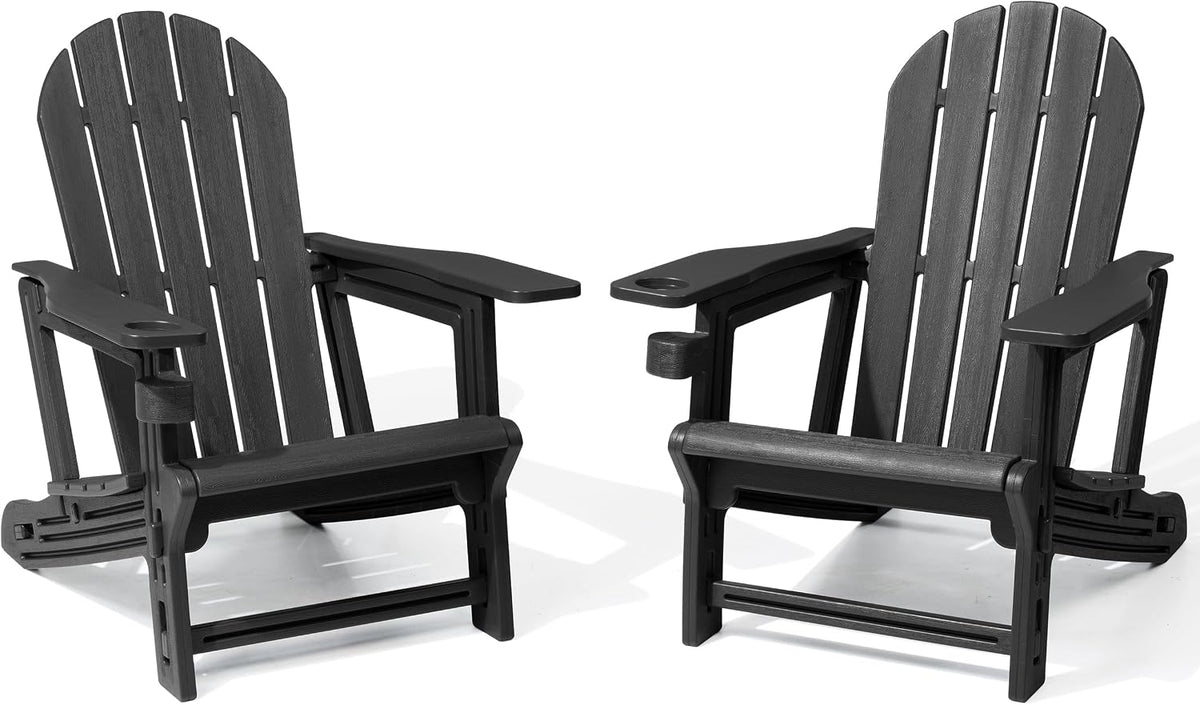 Adirondack Chairs Set of 2, HDPE Outdoor Chairs with Cup Holder | Heavy Duty 380 lbs Capacity, All Weather Wood