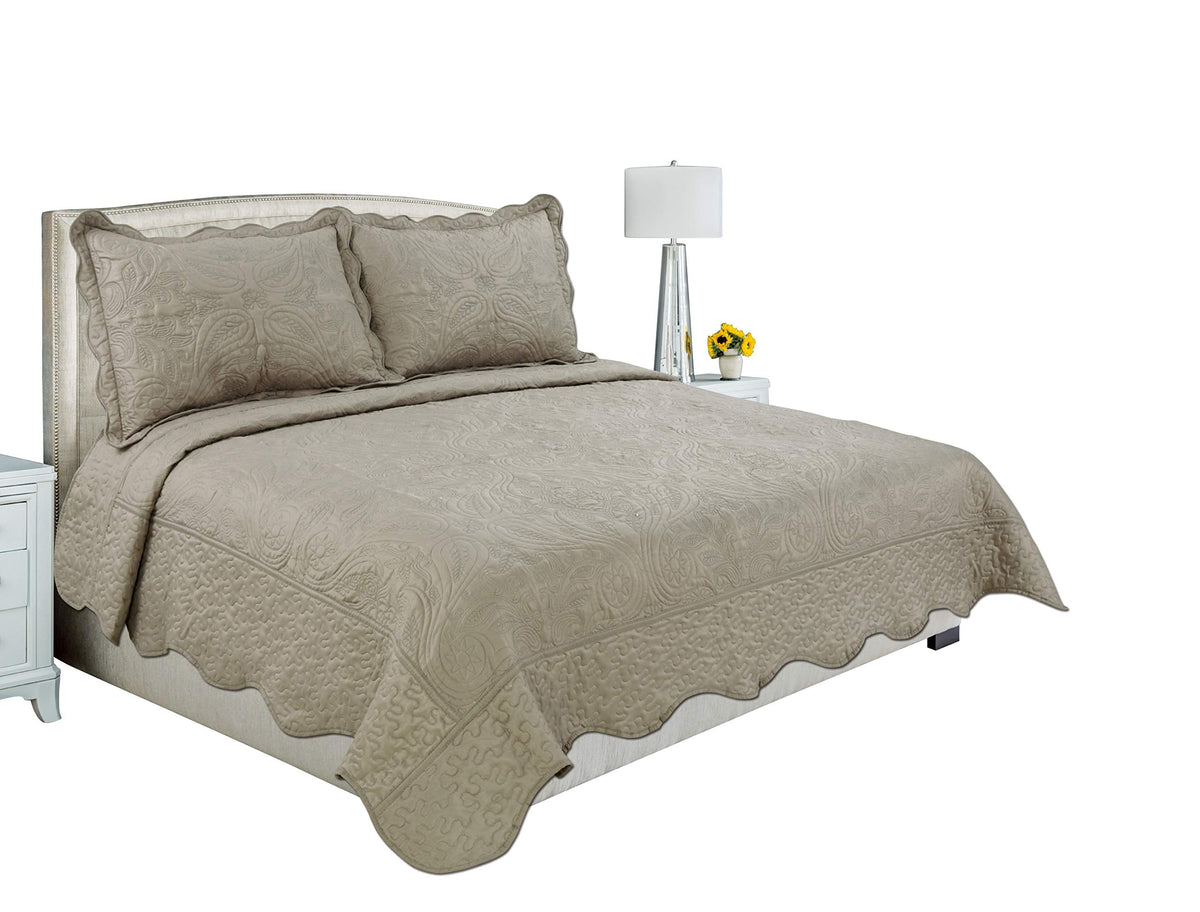 Embroidered Stitching Coverlet Bedspread Ultra Soft Solid 2 Piece Summer Quilt Set with 1 Quilted Sham, Taupe Floral